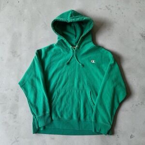 Vintage Champion Reverse Weave Green Hoodie Sweatshirt Size Medium M Patch Logo